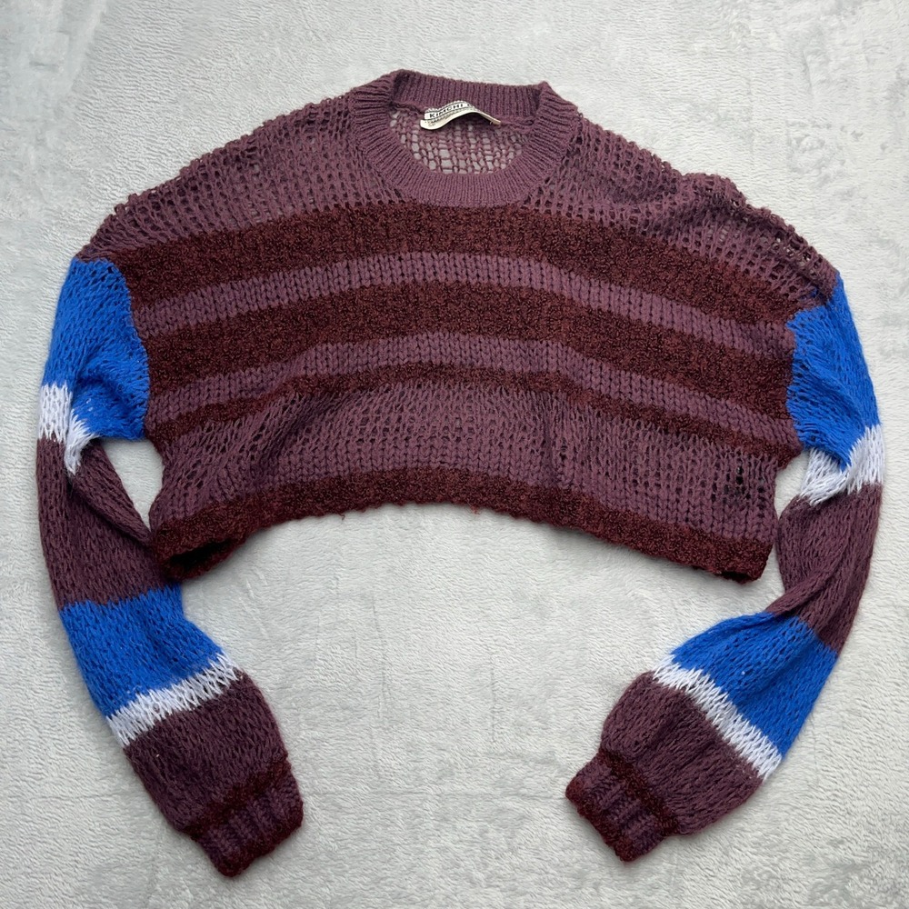 Kimchi Blue Striped Cropped Crochet Knit Sweater Burgundy Blue White Women S - Picture 1 of 7